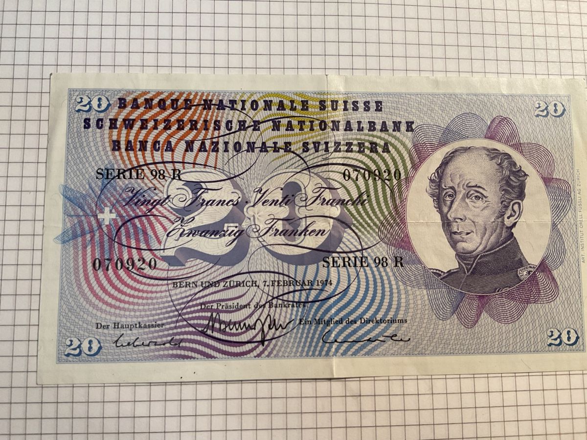 Banknoten: 20 Franken Note Schweiz – Gebraucht aus Ursenbach von tho_8s6p