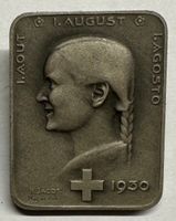 alte 1. August Plakette mit Frauenkopf, 1954