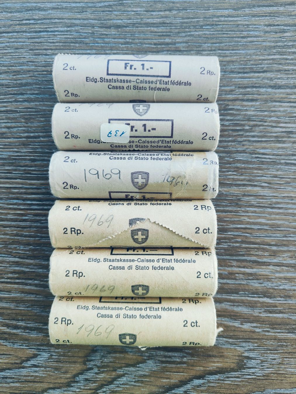 Tutti le monete: 2 Rappen 1969 / 6 Rollen à 50 Stück !!!!!!!! – Nuovo e nell'imballaggio originale da Flaach venduto da Lonzo99