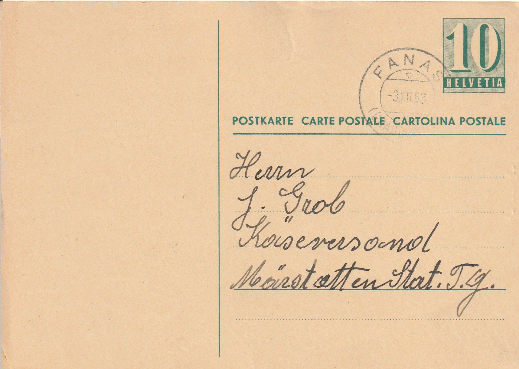 Alle Briefmarken: Postkarte-Fanas-1963 – Gebraucht aus uttwil von Koehlerfred
