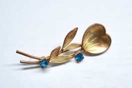Vintage Brosche Blume Herz Gold-Ton blauer Strass ca. 5,5 cm