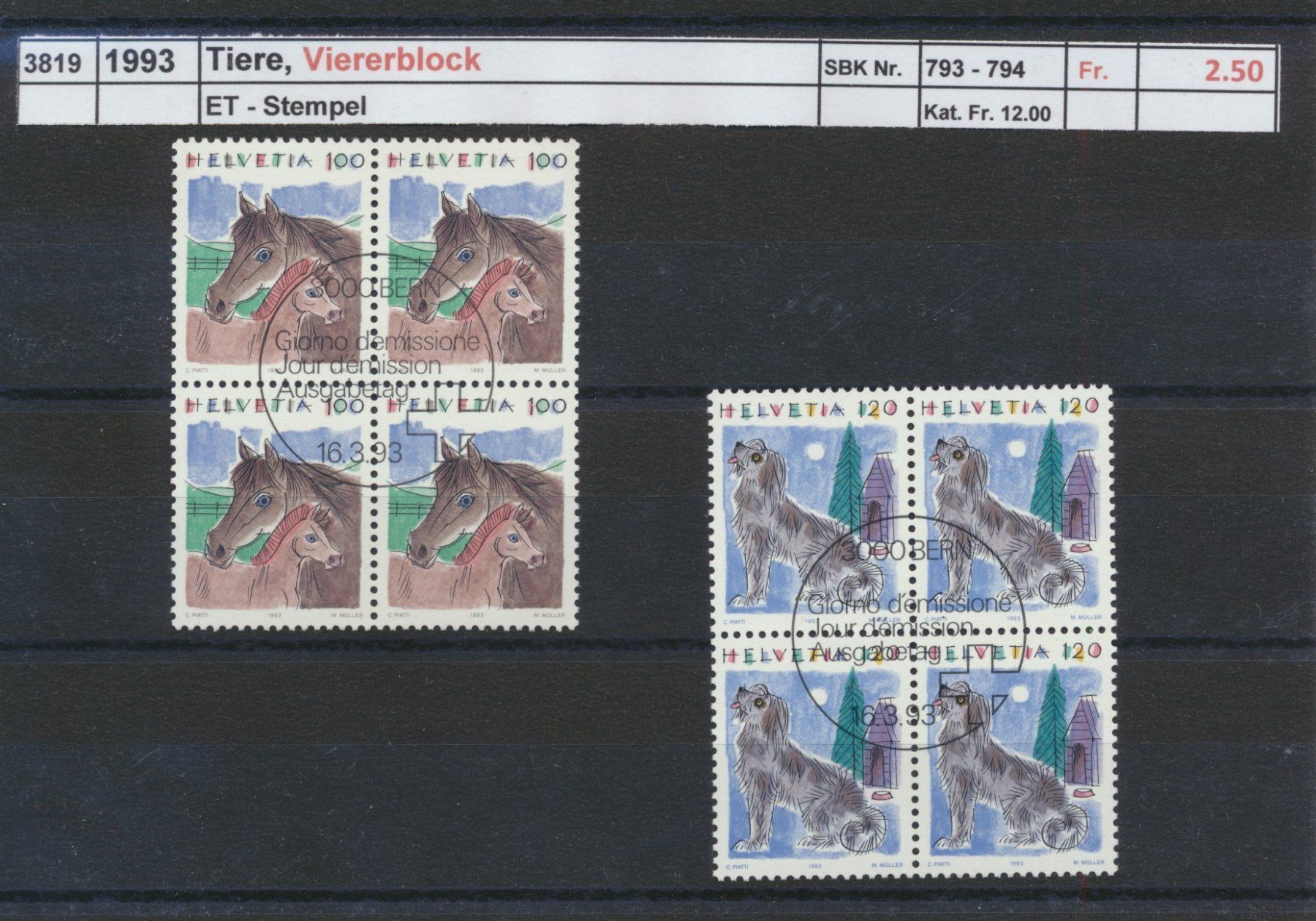 Tutti i francobolli: 1993 "Tiere", Viererblock, ET-Stempel – Usato da Winterthur venduto da Zupogeru