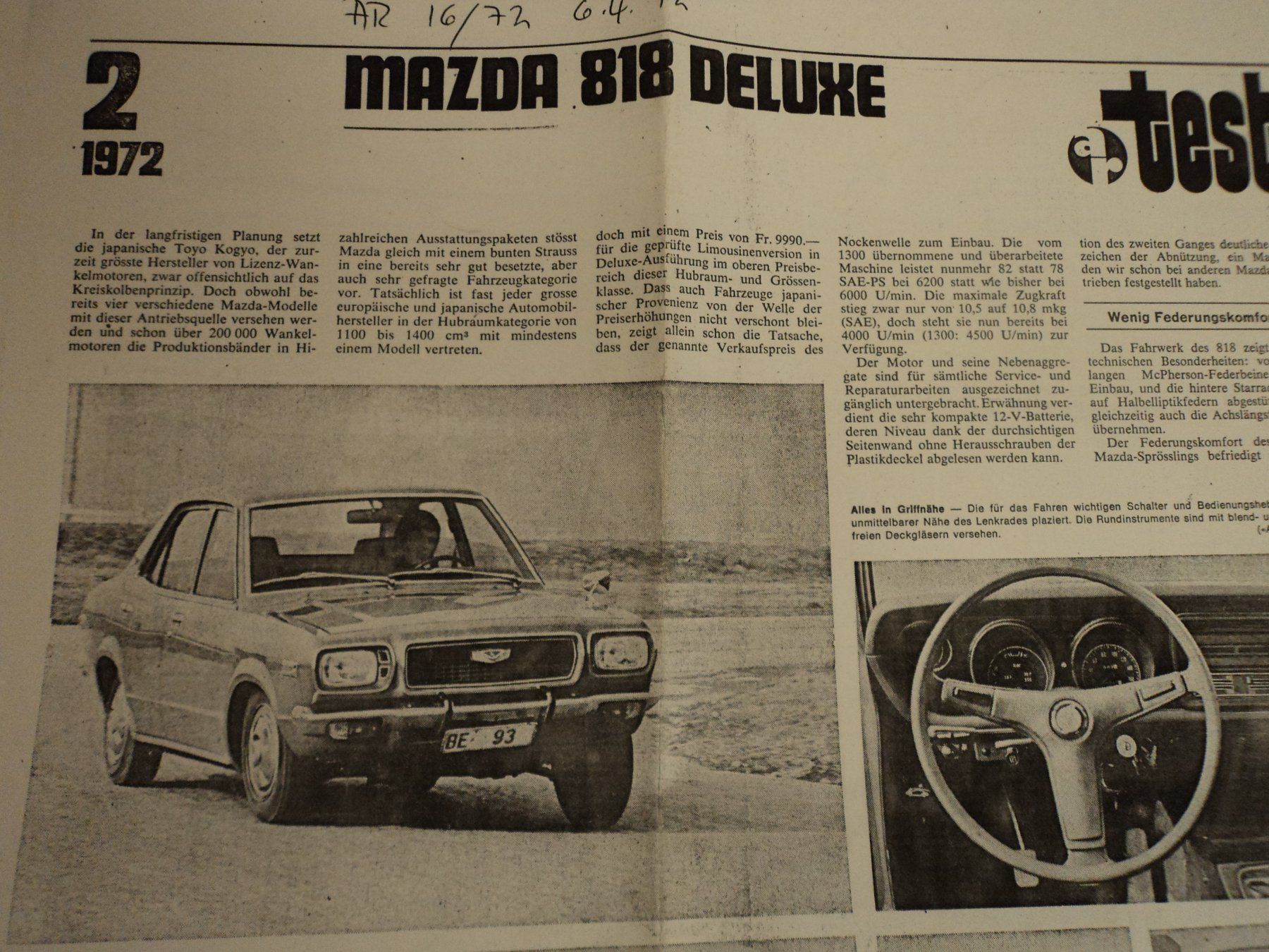 Mazda Dokumente: Prospekt Test AR Mazda 818 Deluxe von 1972 – Gebraucht aus Schwarzenburg von modelCARama 2