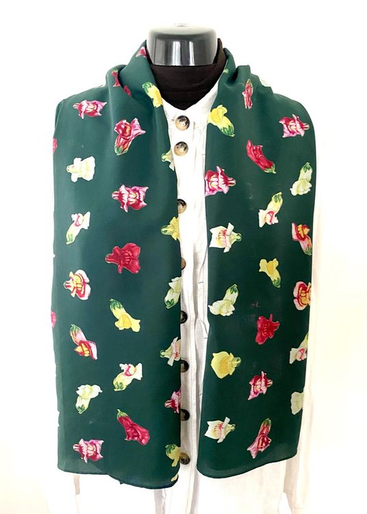 Edler Seidenschal Fabric Frontlin–dunkelgrün mit Blumenprint Kaufen