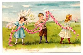 AK - Prägekarte - Geburtstag - 3 Kinder mit Blumengirlande