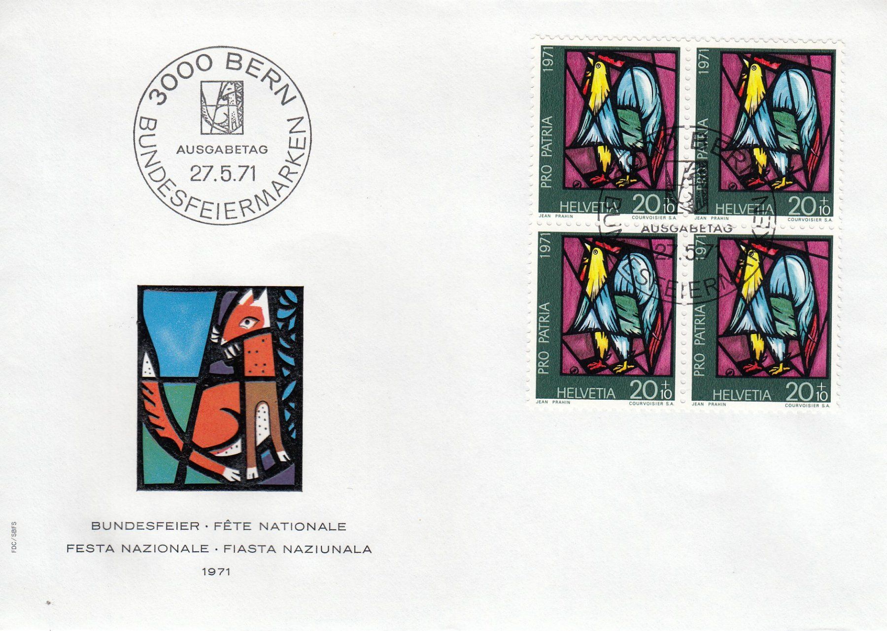 Tutti i francobolli: 1971 Pro Patria 4 FDC 4-er Block Glasgemälde – Usato da Spreitenbach venduto da Mustang_1105 1