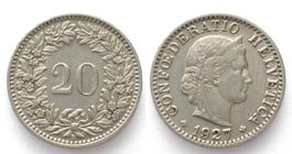 EIDGENOSSENSCHAFT 20 Rappen 1927 Nickel ERHALTUNG! vz