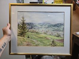 Aquarell Landschaftsbild signiert gerahmt Über Eck vergoldet