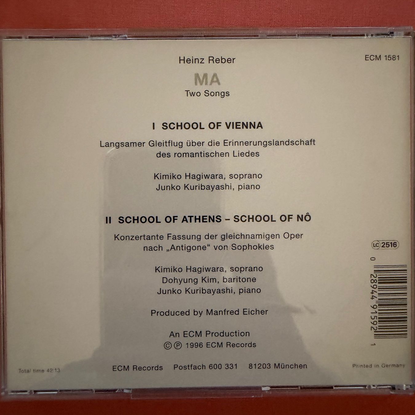 CDs: Heinz Reber – MA Two Songs (CD ECM New Series) 1994 in Bern – Gebraucht aus Zug von Mirare9 1