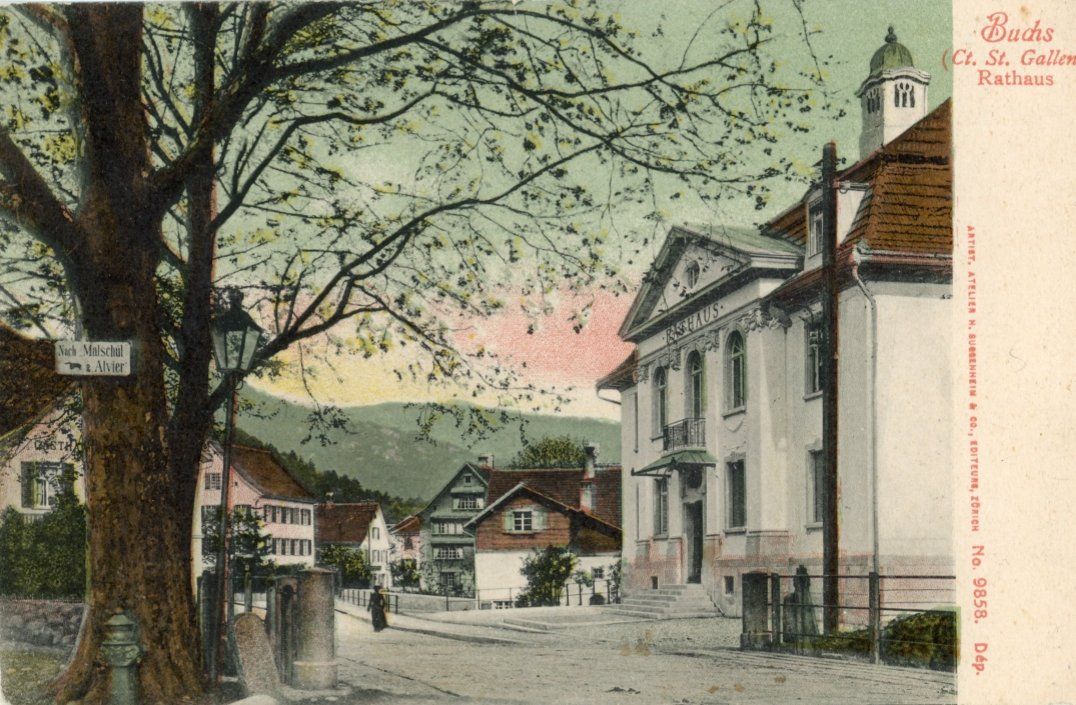 Cartoline postali: Buchs  SG   mit Rathaus       um 1907 – Usato da Brig venduto da Valcards54