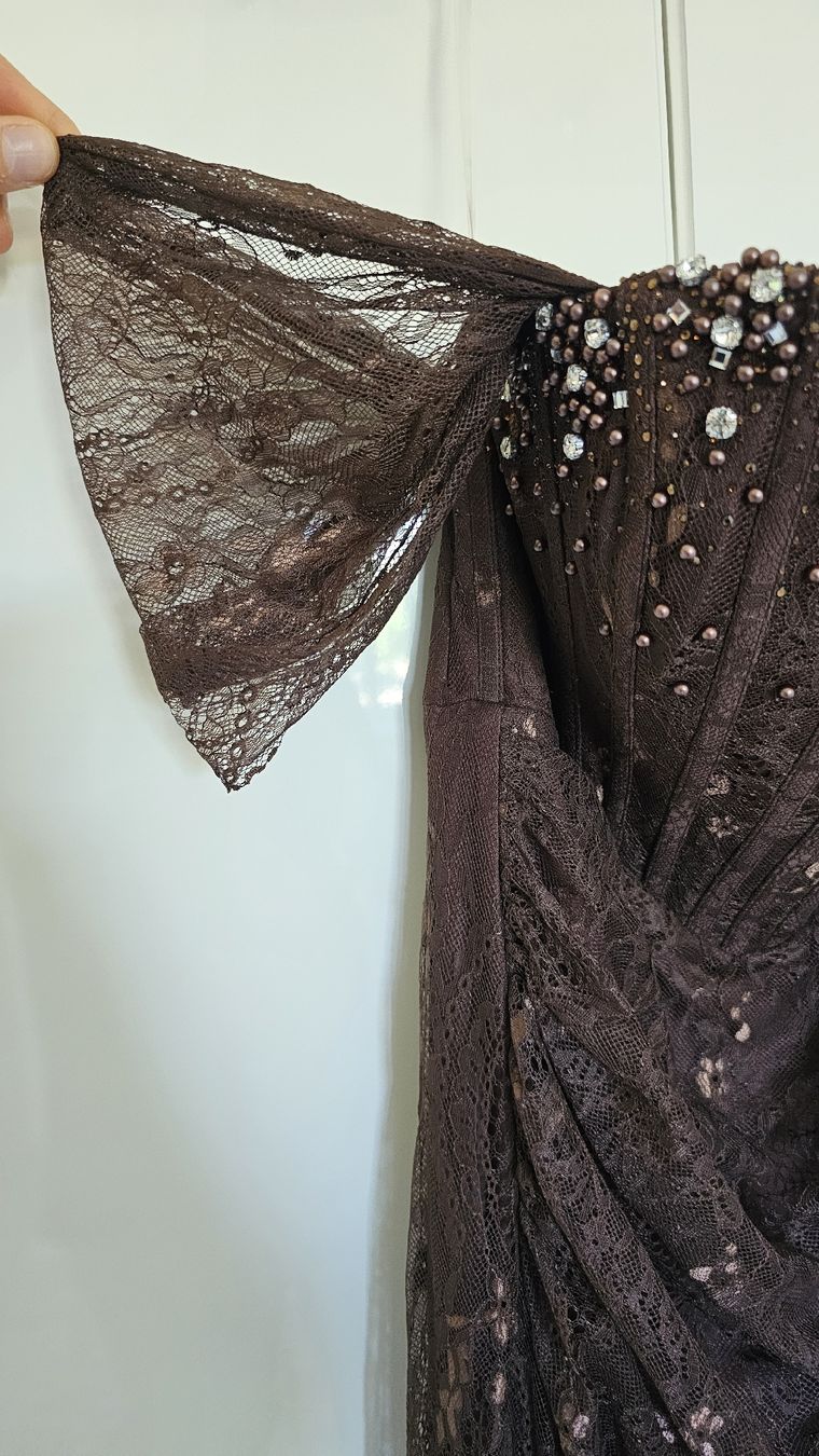 Vestiti: Abendkleid Spitze Perlen Applikationen Dunkelbraun – Usato da Staufen venduto da M19M 2