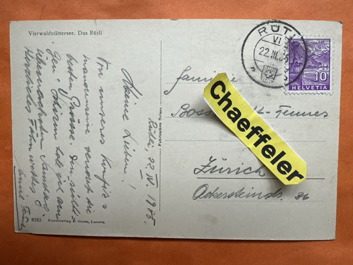 Ansichtskarten:  Vierwaldstättersee das Rütli, 1935 – Gebraucht aus Zürich von Chaeffeler 1