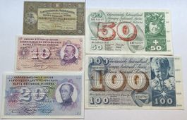 Set von 5 Schweizer Banknoten 5 Franken bis 100 Franken