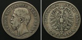 REUSS JÜNGERER LINIE 2 Mark 1884 HEINRICH XIV Silber SELTEN
