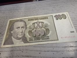 100 Dinara Jugoslawien 1996 Banknote guter Zustand
