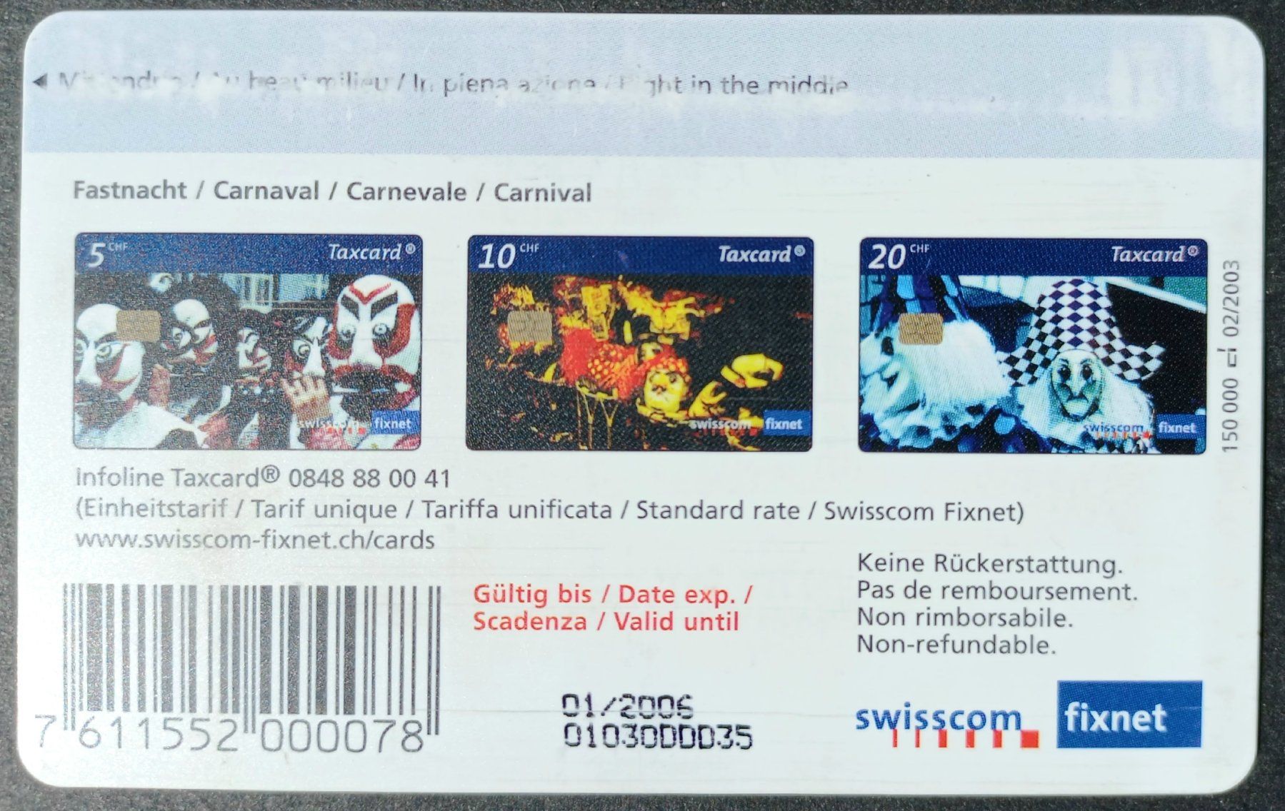 Swisscom Schede telefoniche: Taxcard - Basler Fastnacht - CH – Usato da Niederuzwil venduto da lubimaja 1