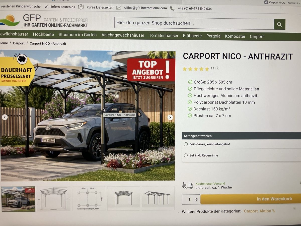Rifugi: Carport Nico - Antrazit – Nuovo e nell'imballaggio originale da Thunstetten venduto da BAAP