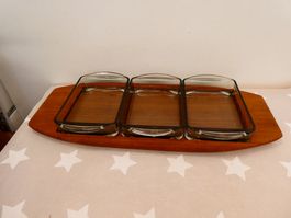 3 Schalen auf Holztablett Vintage Mid-Centuary