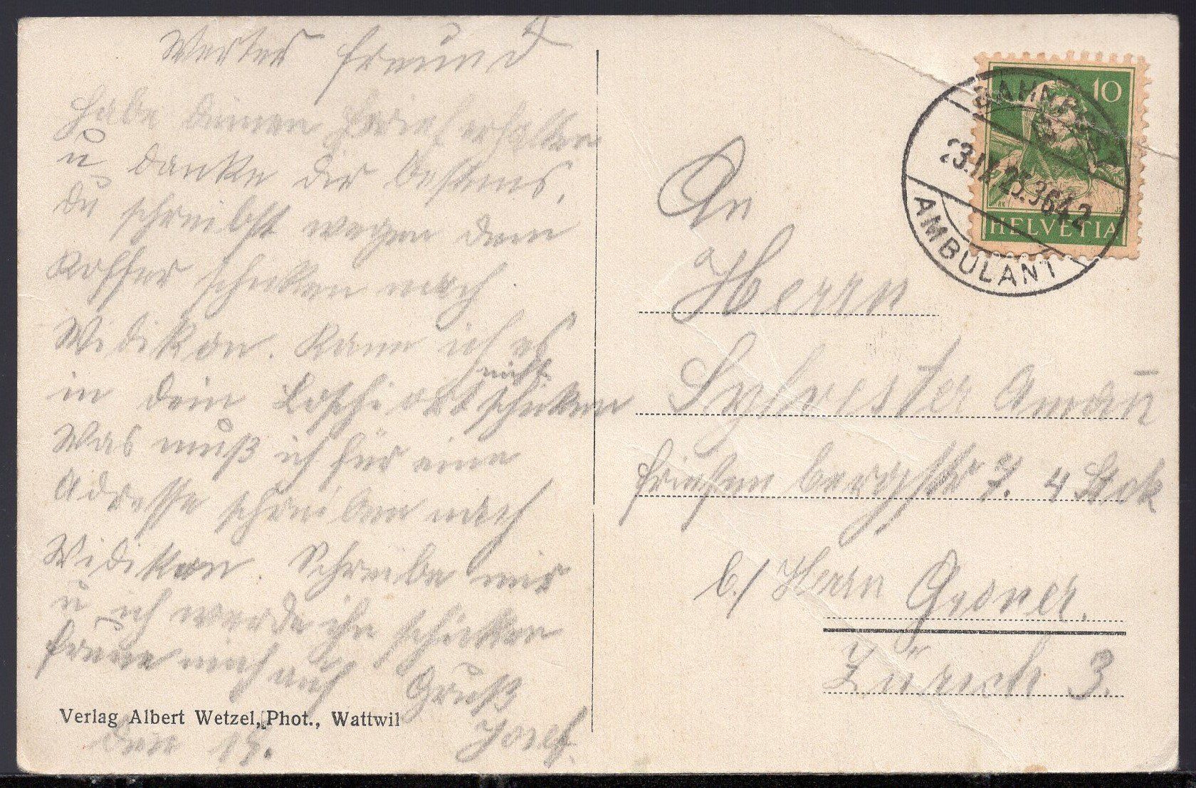 Cartes postales: WATTWIL - Krankenhaus   BAHNPOST 13.IX.1925 - 3642 – D'occasion à Aarau par kufi44 1