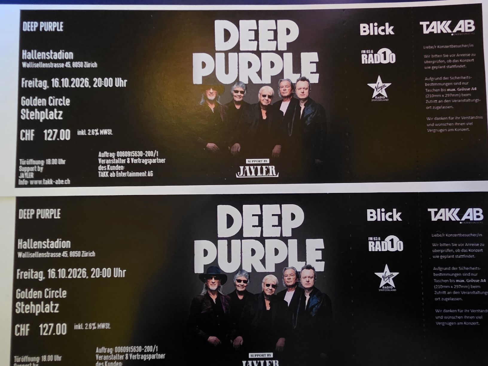Biglietti: 2 Tickets Deep Purple  – Nuovo e nell'imballaggio originale da Schönried venduto da Gti89