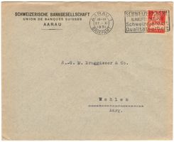 Perfin "Wellen" auf Bankenbeleg von AARAU nach WOHLEN