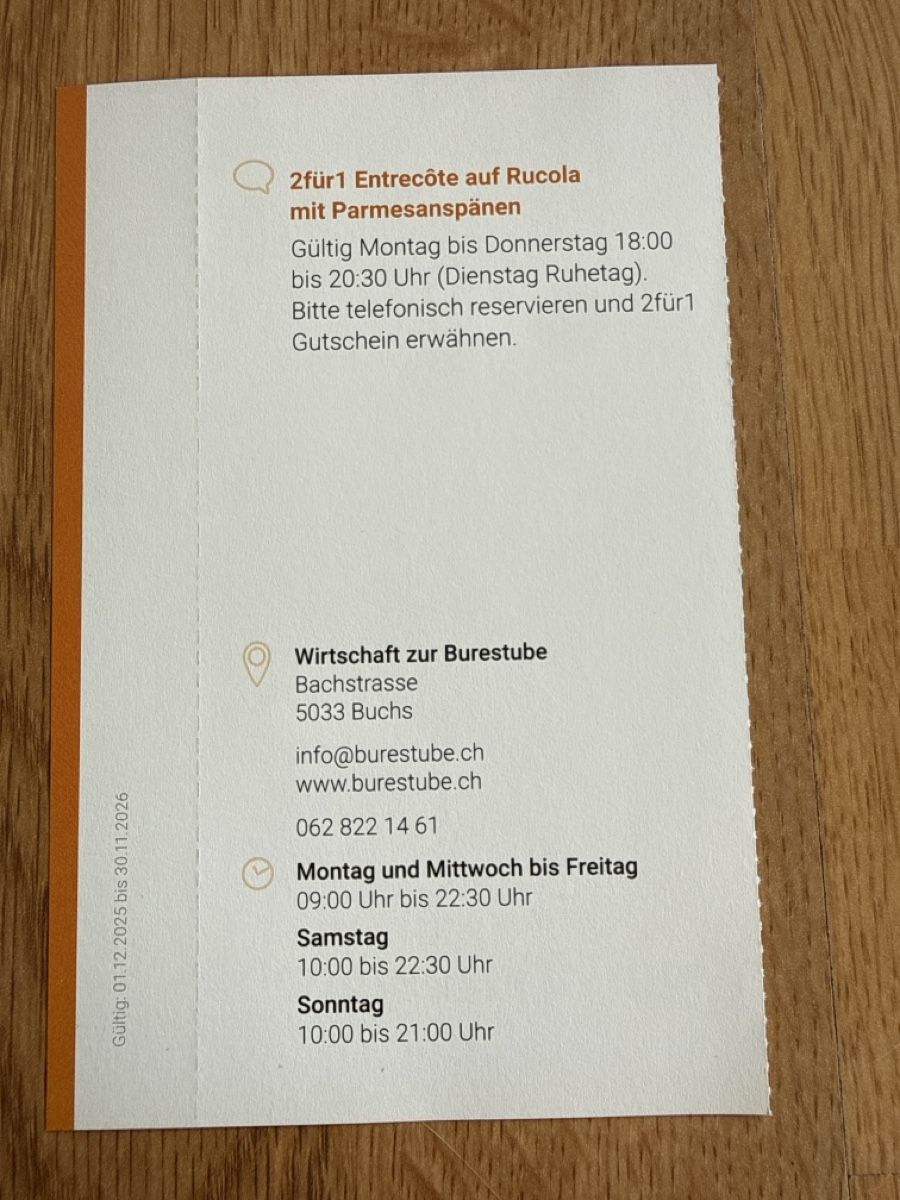 Gutscheine: 2für1 Entrecôte Buresstube  – Neu (gemäss Beschreibung) aus Gränichen von cat_lady 1