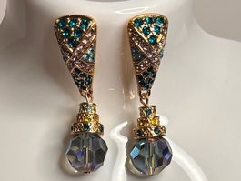 Magnifiques boucles d'oreilles pendantes dorées et crista...