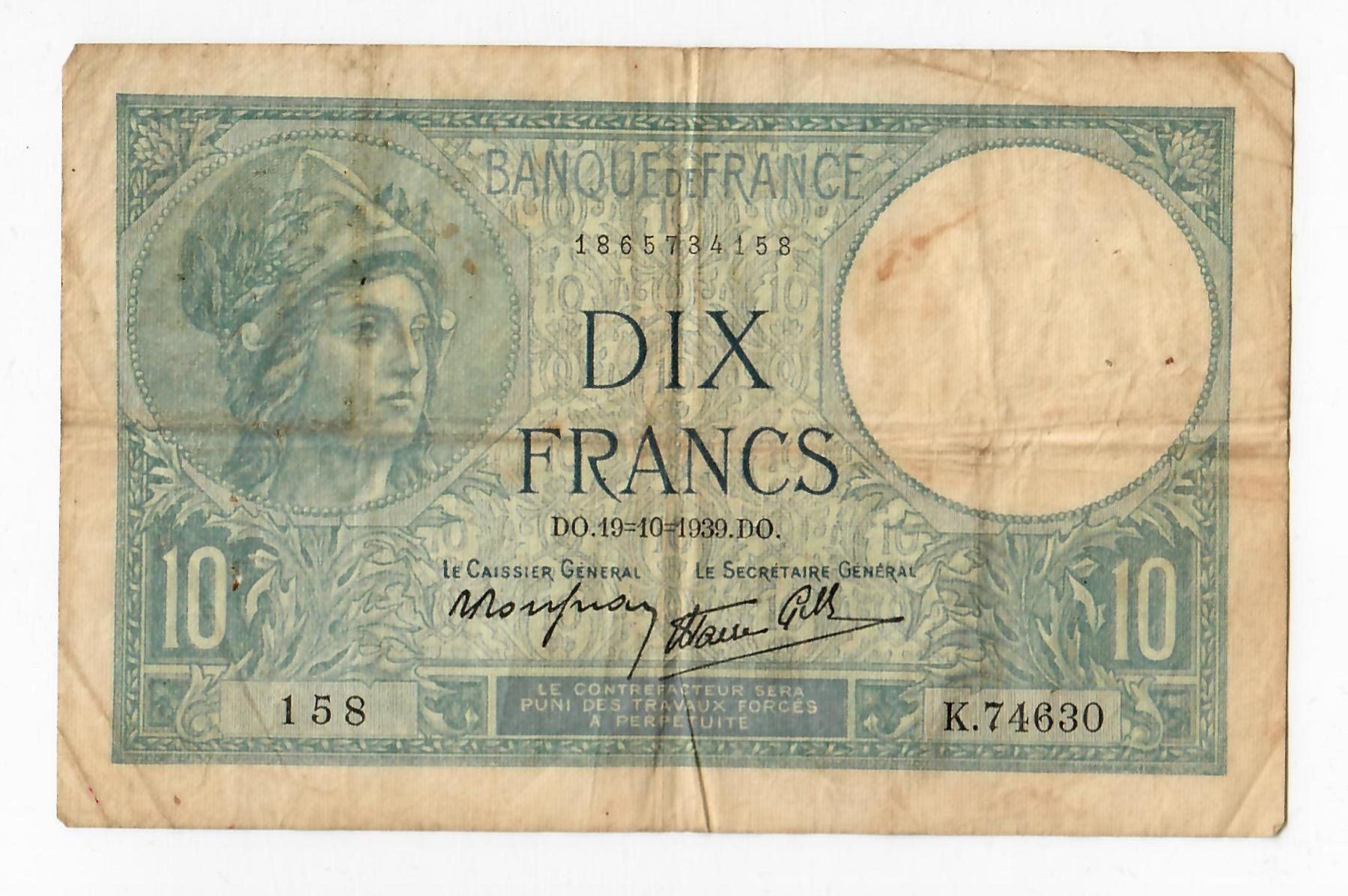 Banknoten: Banknote Frankreich, 10 Francs, 1939 – Gebraucht aus Landquart von balboajimmy