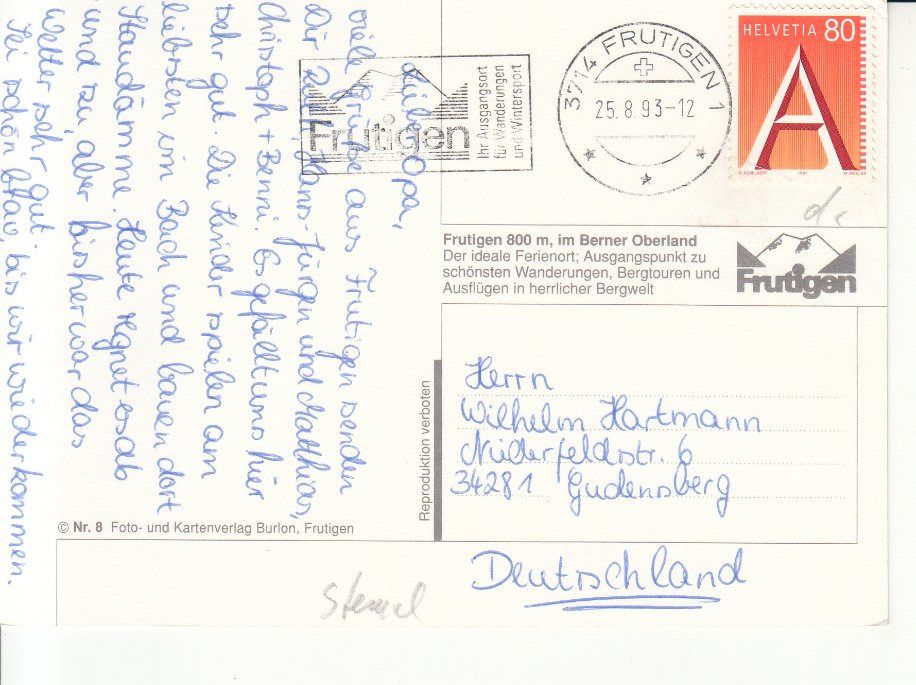 Cartoline postali: Frutigen 1993 – Usato da Bürglen TG venduto da StampGraf 1