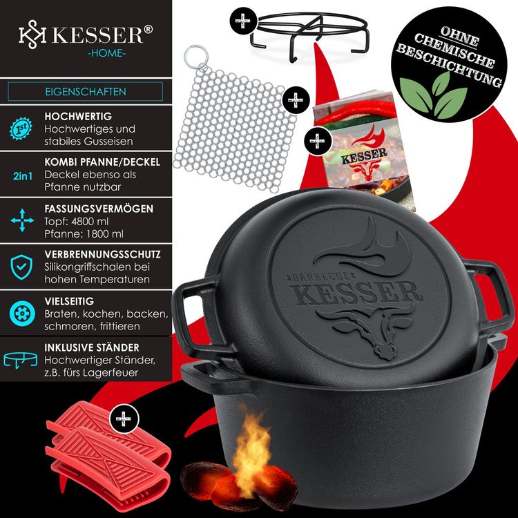 Dutch Oven BBQ 2in1 Gusseisen Topf 4,8L und Pfanne 1,8L Guss Kaufen