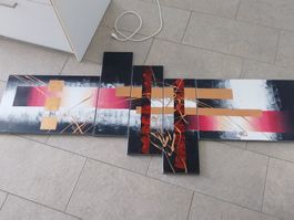 5-teiliges Acryl Gemälde schwarz / rot / gld