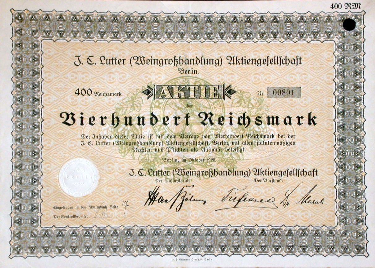 Dokumente: J.C. Lutter (Weingrosshandlung) AG, Berlin - 1928 – Gebraucht aus Solothurn von Sgasche