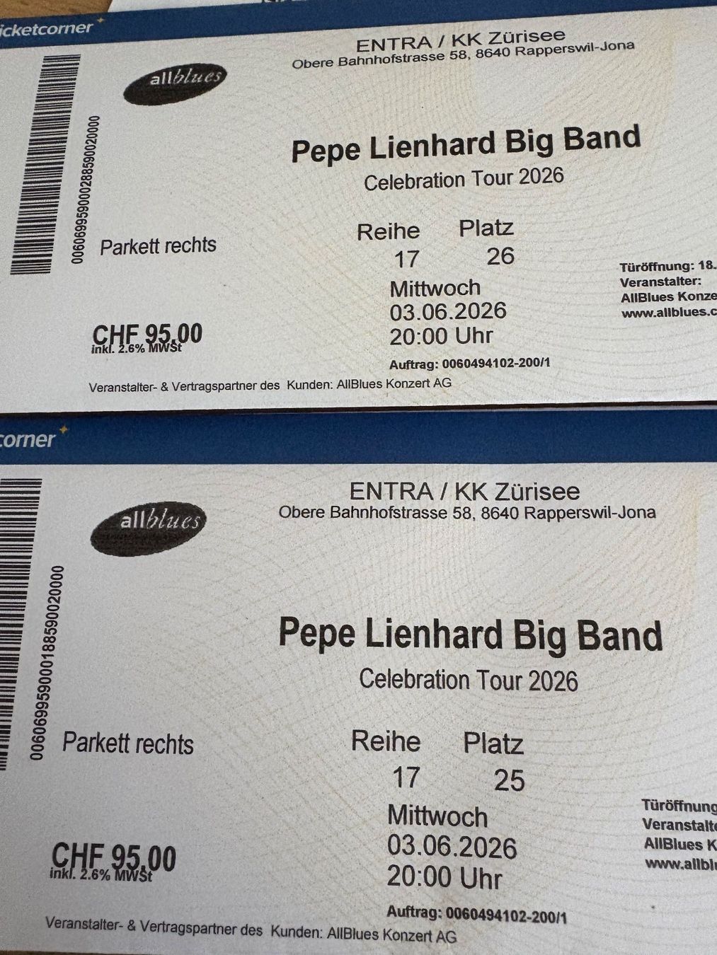 Biglietti: 2 Tickets: Pepe Lienhard Celebration Tour – Nuovo (secondo la descrizione) da Adliswil venduto da Evor