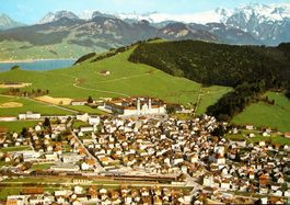 EINSIEDELN Flugaufnahme - Bahnhof mit Bahn - Sihlsee