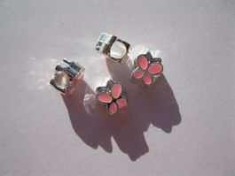2 Grosslochperlen, Beads versilbert Schmetterling, rosa
