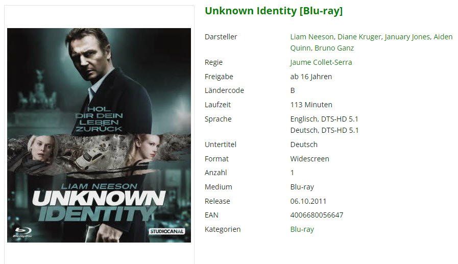 Alle DVDs: Unknown Identity - Blu-Ray – Gebraucht aus Buchrain von Sssschaller 1