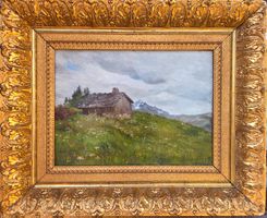 Joli tableau, huile sur carton, chalet, signature illisible