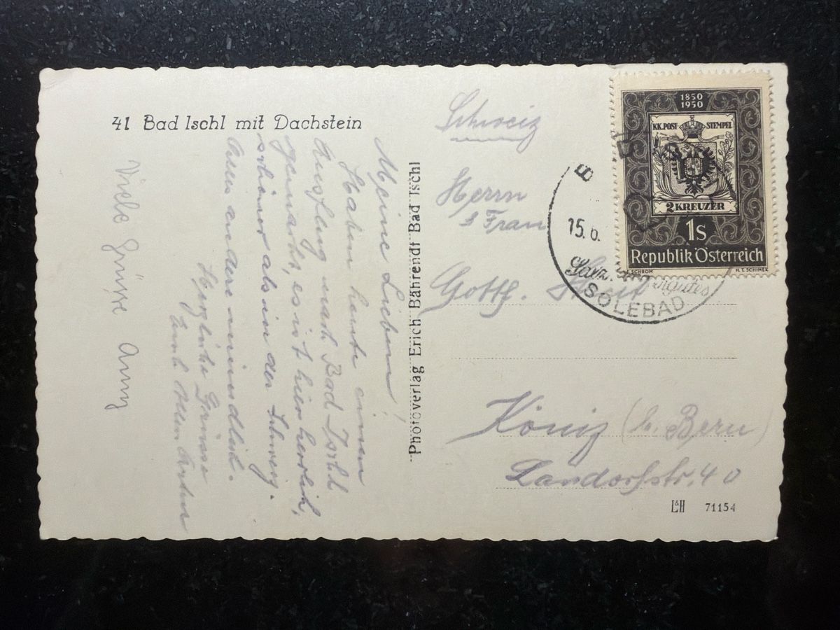 Alle Briefmarken: Ansichtskarte Bad Ischl Dachstein 1950 – Gebraucht aus Wettingen von BAG4478 1
