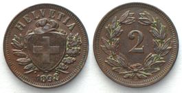 EIDGENOSSENSCHAFT 2 Rappen 1898 Bronze SELTENES JAHR! unz-