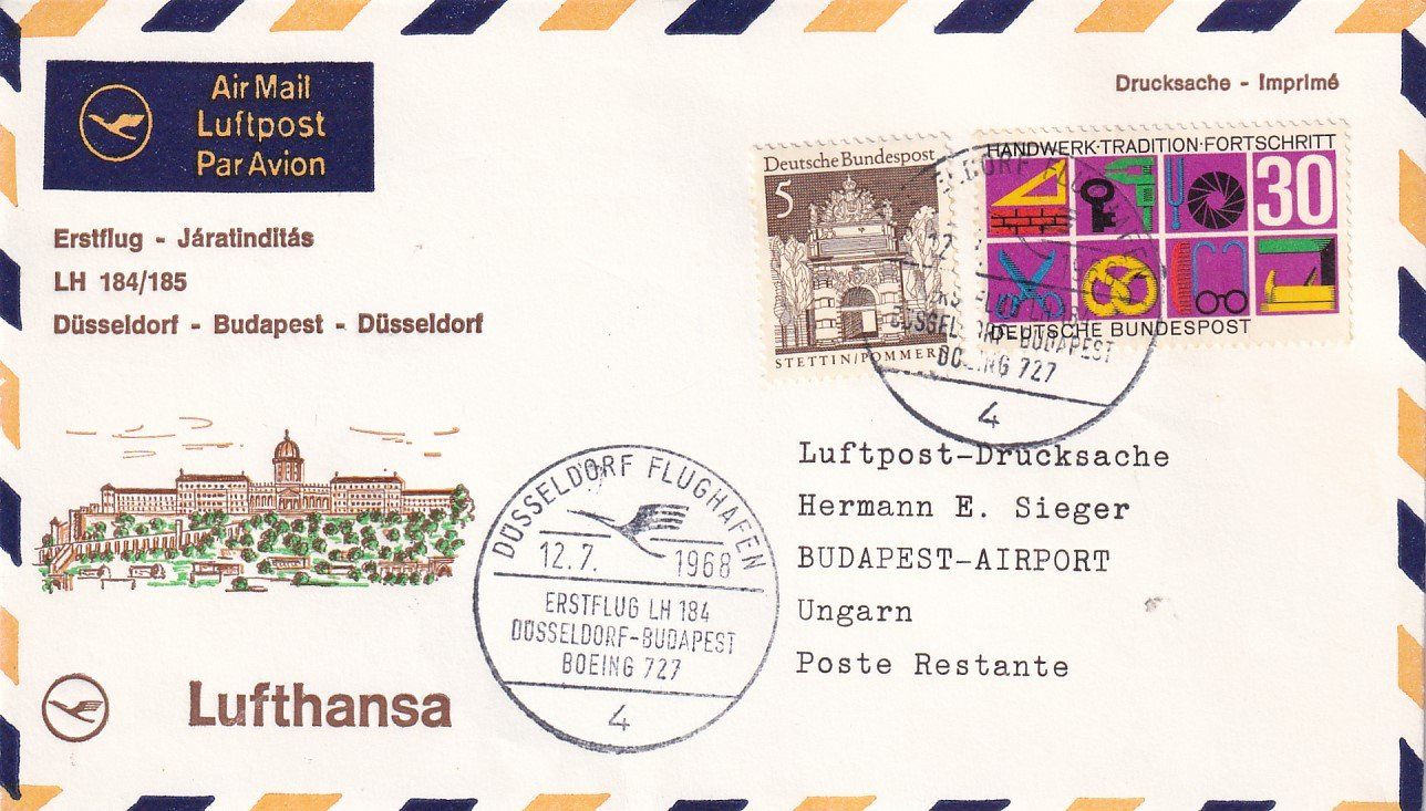 Tutti i francobolli: Erstflug Lufthansa Düsseldorf - Budapest 1968 – Usato da Baar venduto da Asmara111