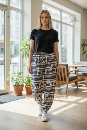 Pantalon léger d'été à motif éléphant, taille unique