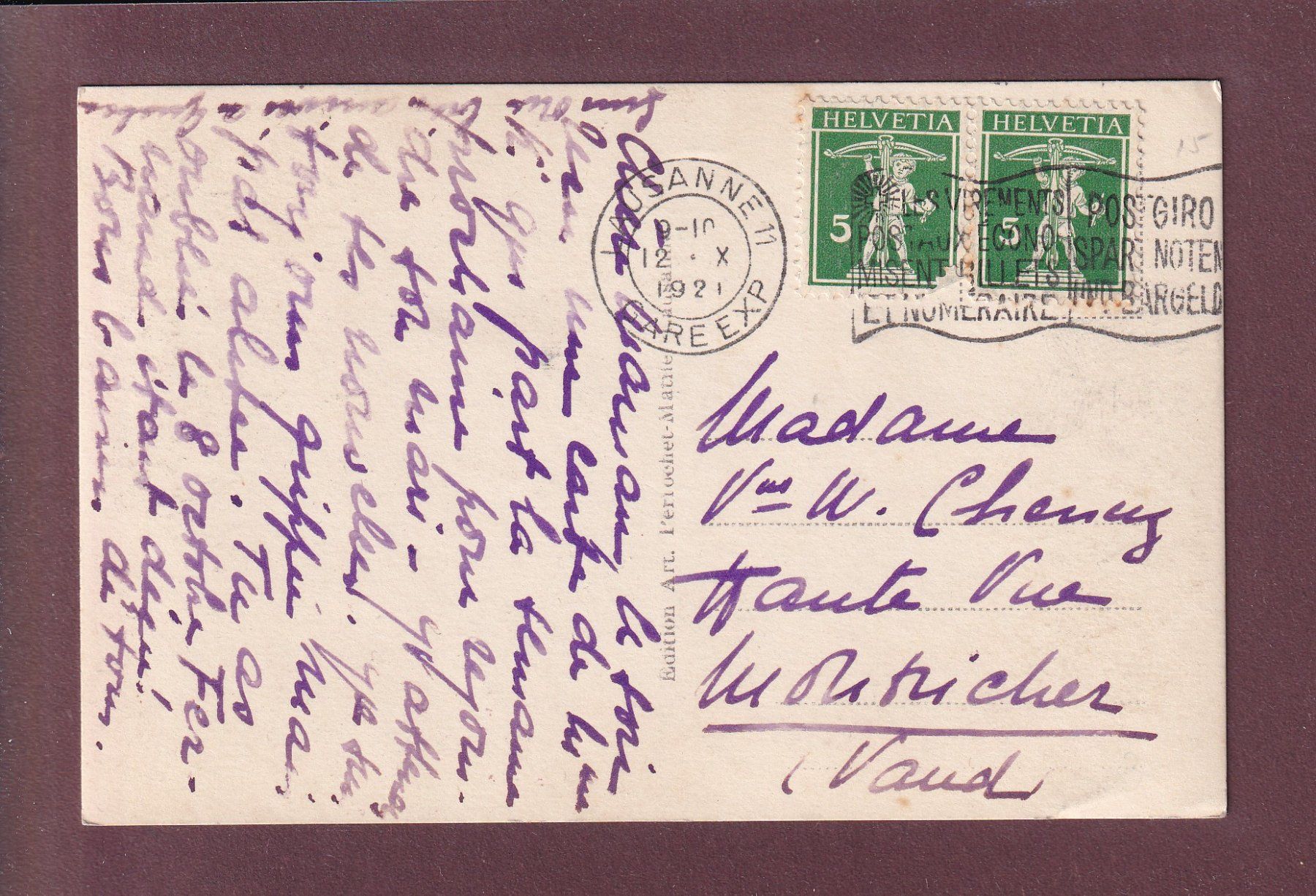 Cartoline postali: LAUSANNE - Parc Mon Repos - 1921 – Usato da Pully venduto da nicecards 1