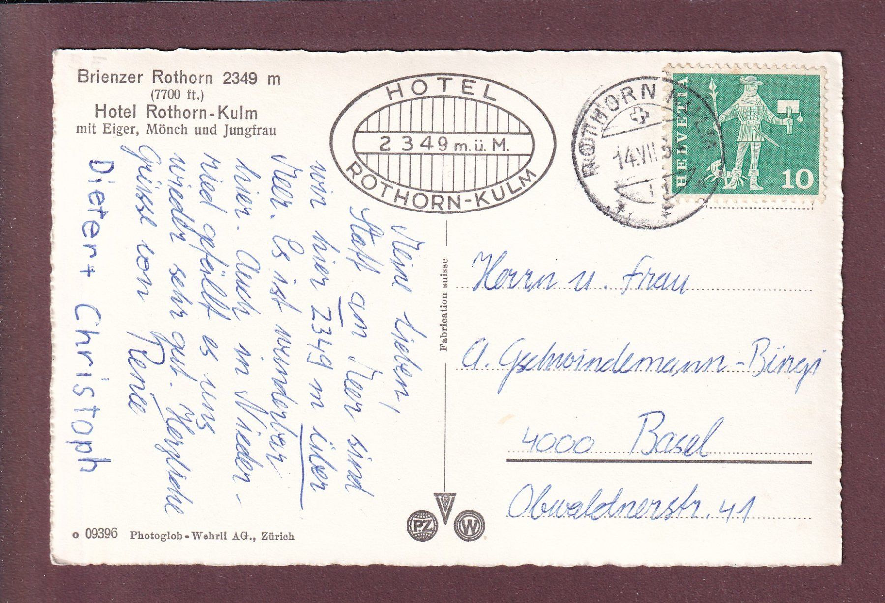 Cartoline postali: Hotel ROTHORN-KULM - 1964 – Usato da Pully venduto da nicecards 1