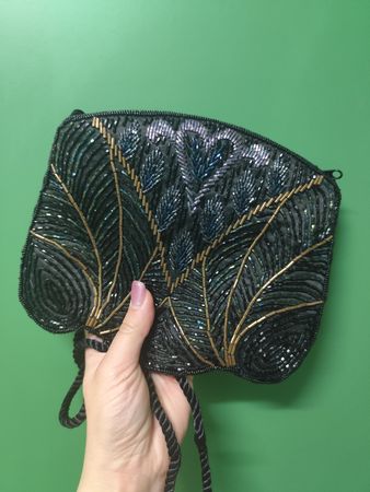 Vintage Beaded Evening Bag, black with blue & gold. Chic!