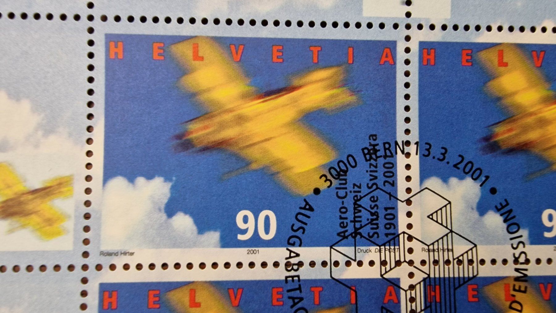 Tutti i francobolli: 2001 Aeroclub Schweiz - Kleinbogen Kat.Nr.1016 - ET + – Usato da Aesch LU venduto da briefmarken.uray 2