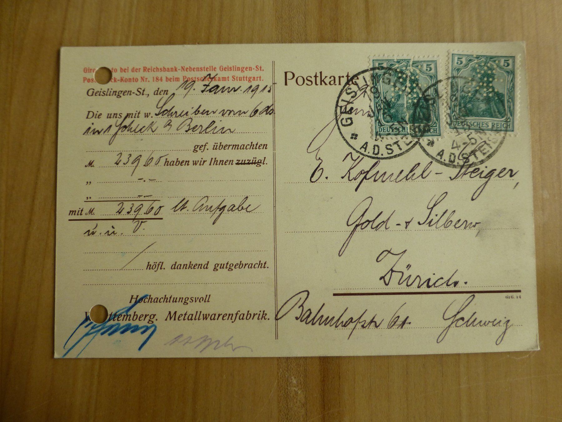 Ansichtskarten: Geislingen Metallwarenfabrik Ansichtskarte 1915 – Gebraucht aus Bettlach von 1saurer 1