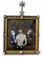 Incisione su rame e lacca, Man of Sorrows attr.fam Penicaud