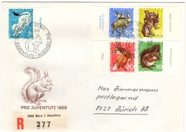 Pro Juventute Serie 1966 mit Tab auf offiziellem Chargé-FDC