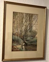 Aquarelle encadrée, paysage de rivière, saule tons automnaux