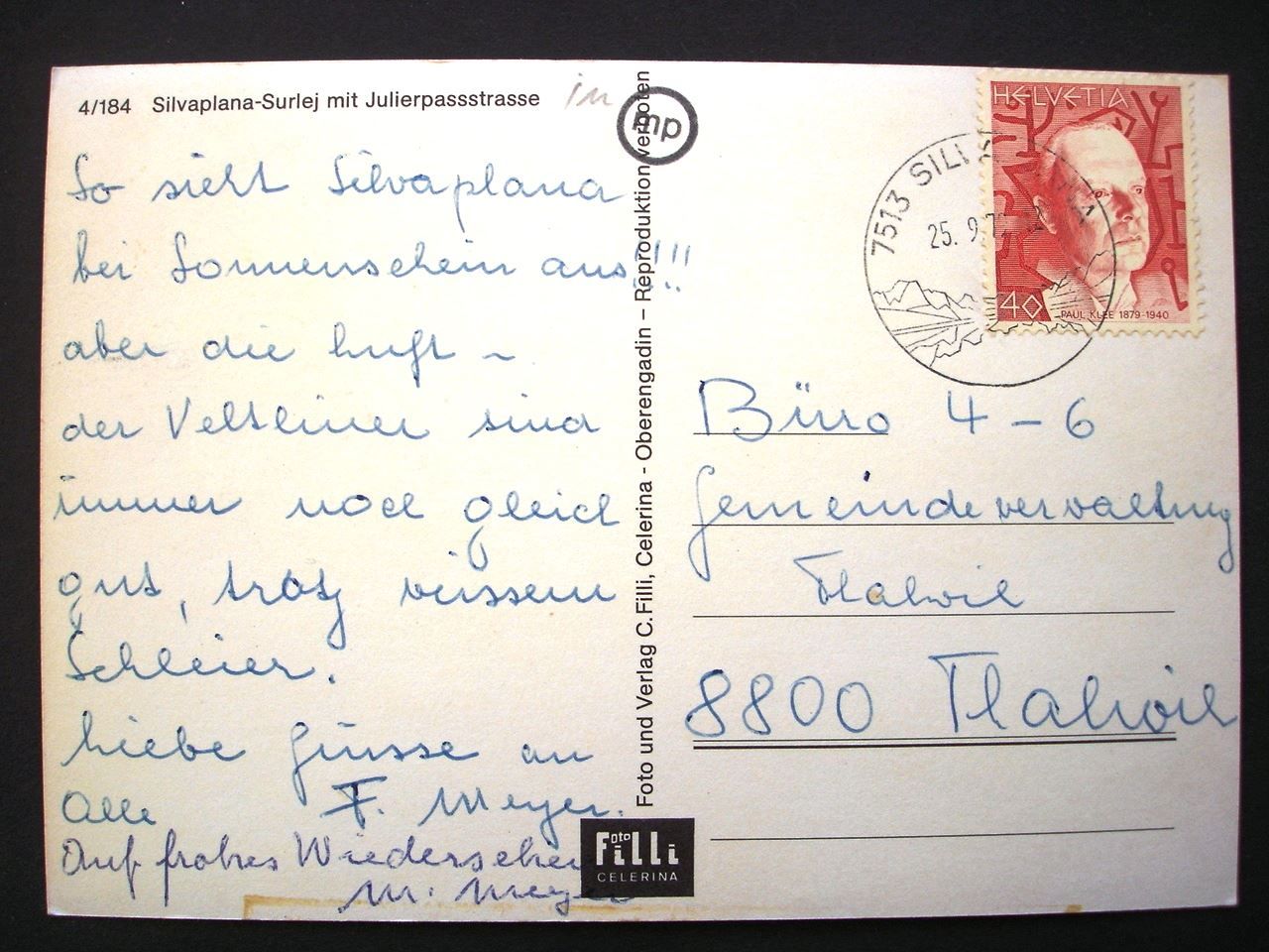 Cartoline postali: SILVAPLANA-SURLEJ mit Julierpassstrasse – Usato da Jona venduto da philajona 1